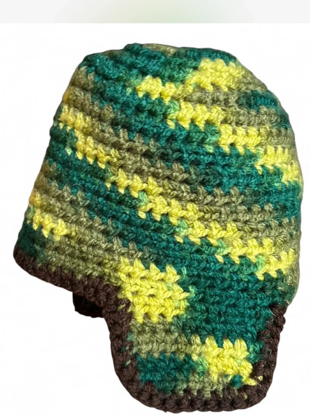 Handmade Crocheted Earflap Hat in Green & Yellow